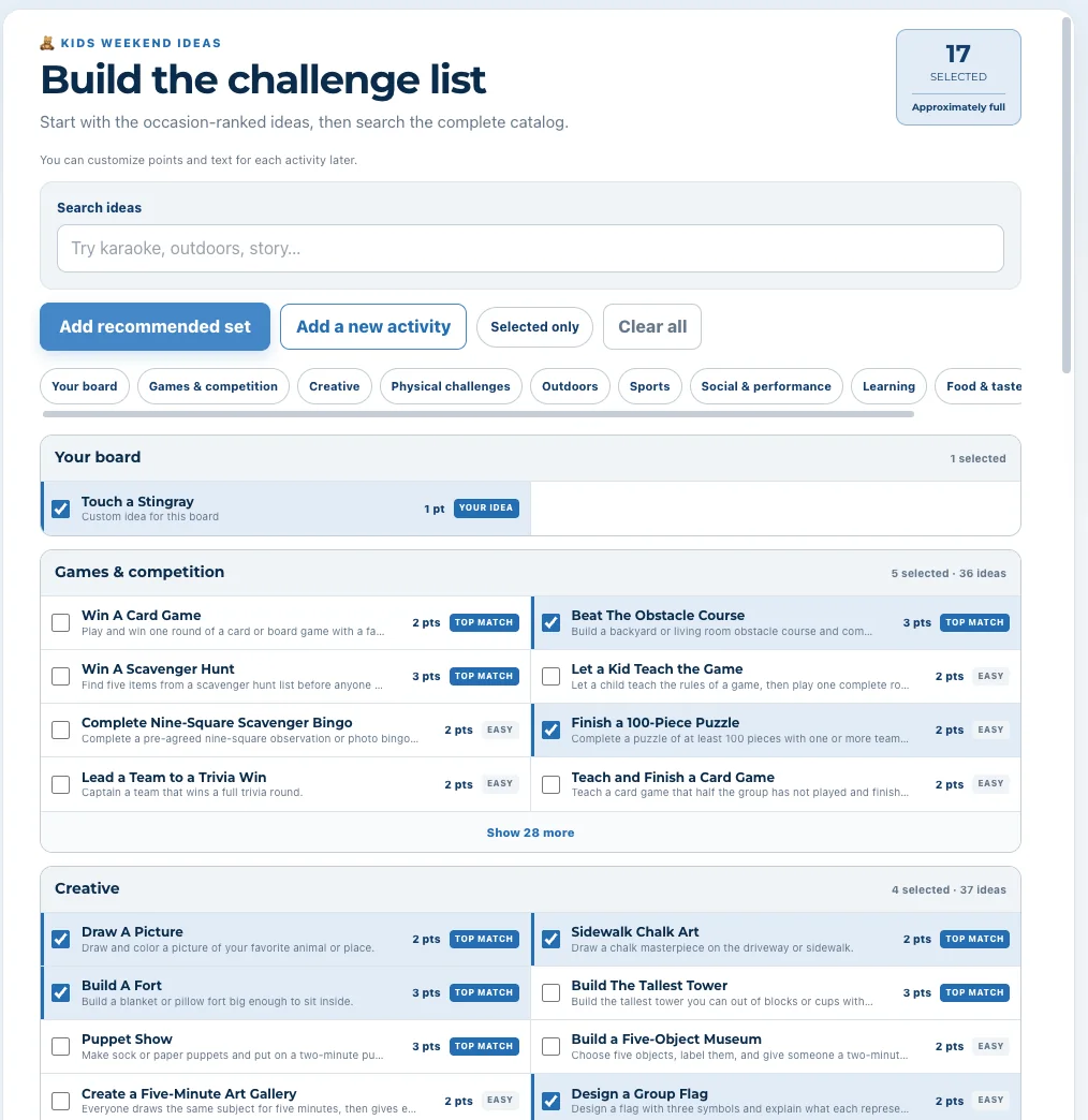 The builder activities screen with selected activities and point values