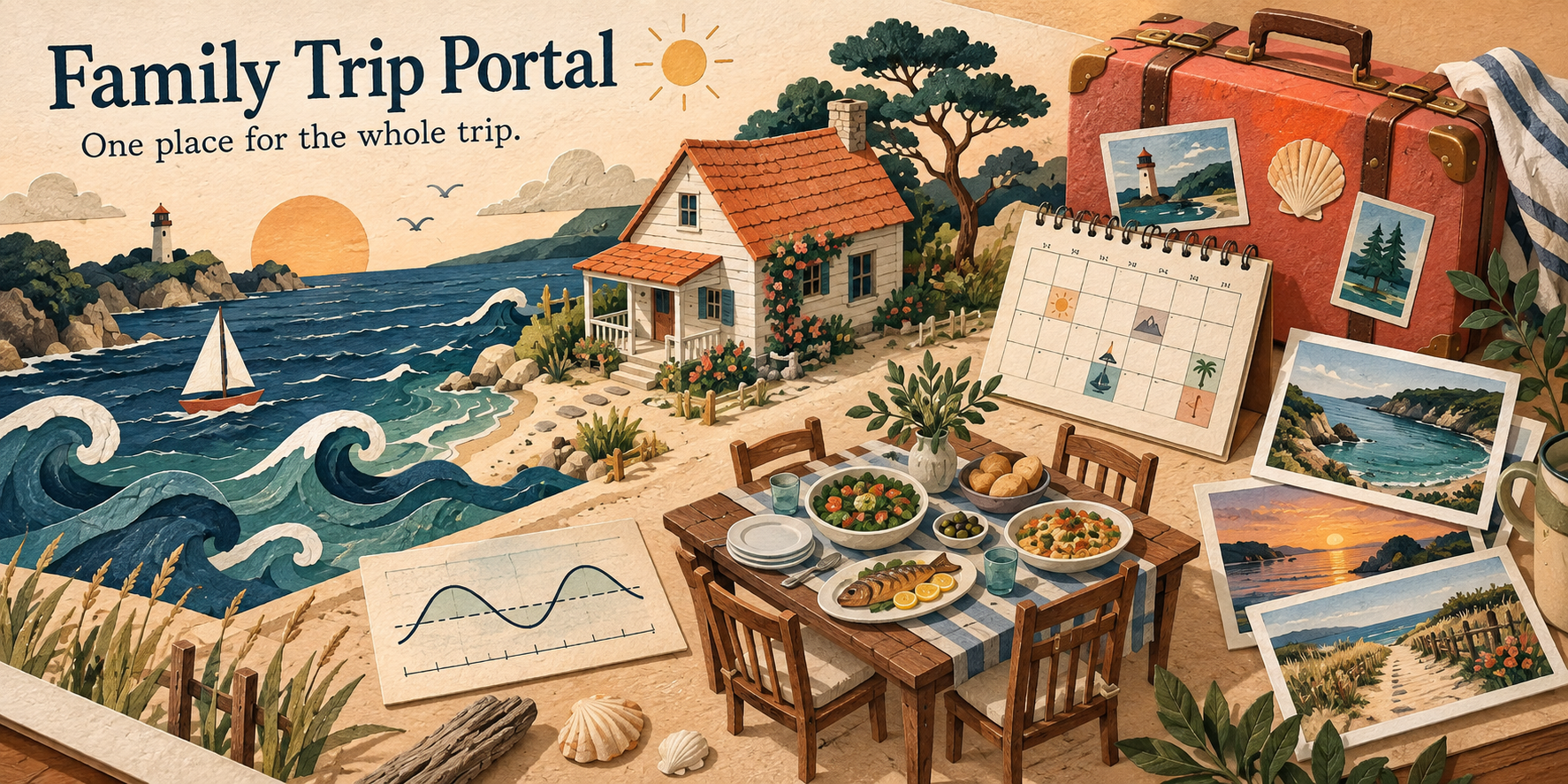 Illustrated trip scrapbook with cottage, calendar and dinner table