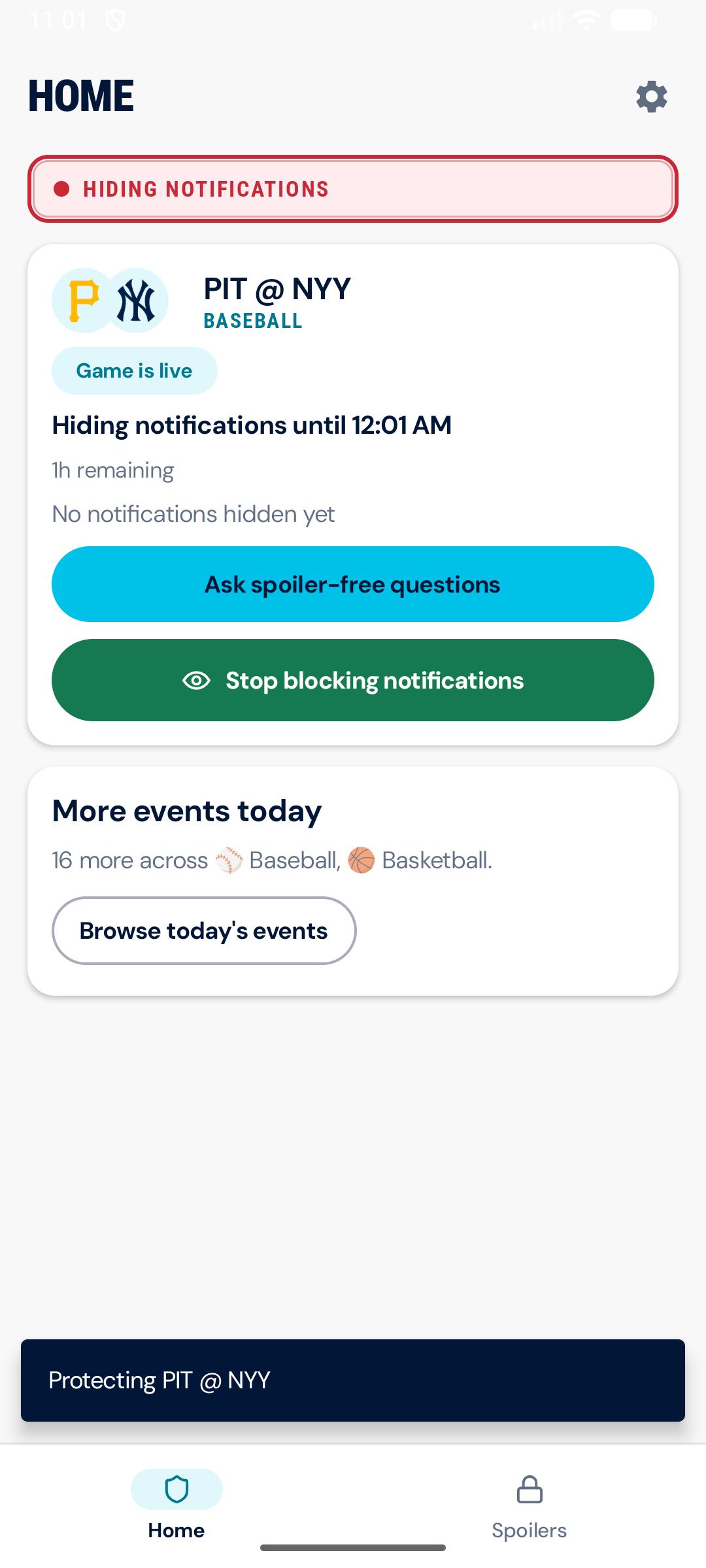 Spoiler Alert active games screen