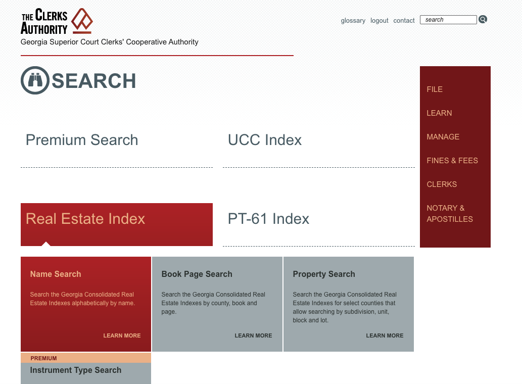 The GSCCCA Real Estate Index name-search screen used to pull warranty deeds